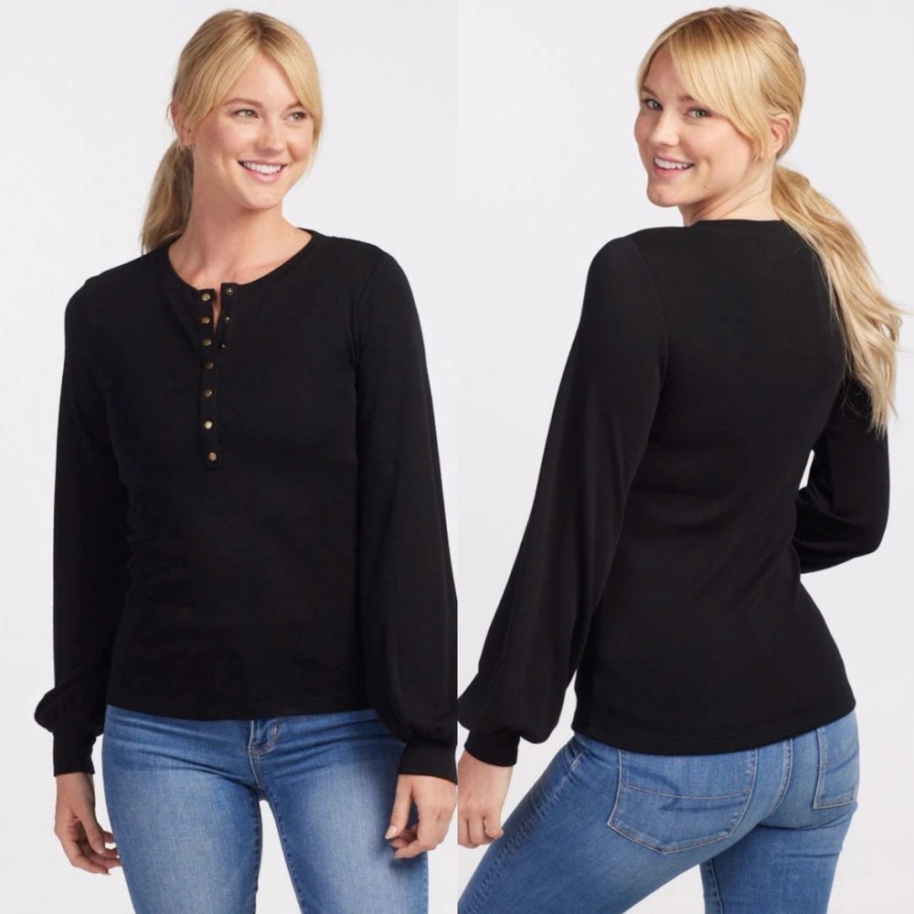 WoolX Merino Wool Charlotte Puff Sleeve Henley‎ Top, Black Sz S